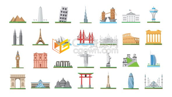 100个世界地标图标世界著名城市图标旅行公司酒店宣传图标元素免费下载-AE模板
