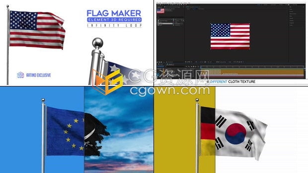 制作4种漂亮布料质地自然挥舞旗帜背景元素标志动画-AE模板下载