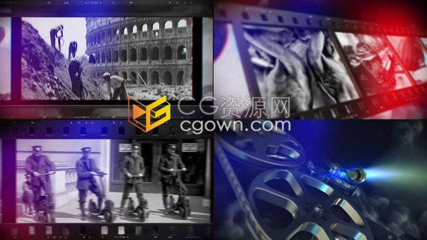電影放映機(jī)3D膠片動(dòng)畫歷史時(shí)刻宣傳視頻片頭效果制作-AE模板下載