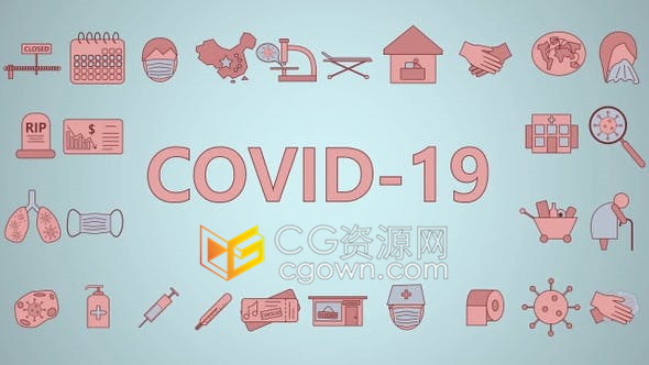 COVID-19新冠病毒肺炎疫情病毒传播洗手消毒剂戴口罩图标动画视频素材40组