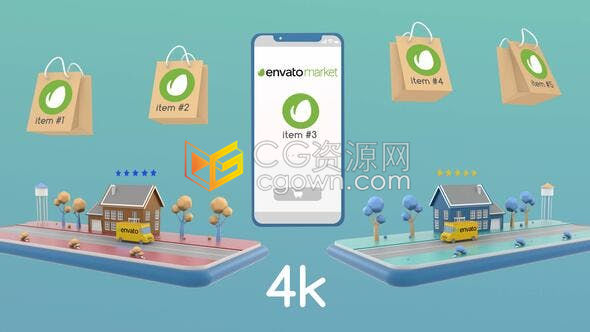 AE模板-3D场景演示手机APP程序在线商店网购物流配送服务动画