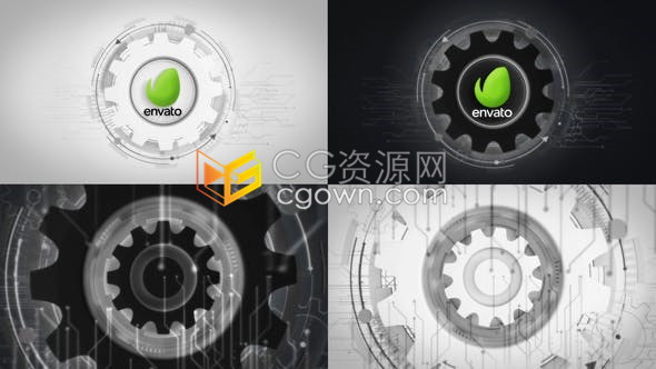 AE模板黑白纯色调未来数字科技感机械齿轮转动揭示品牌LOGO动画