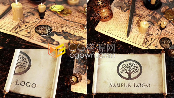 AE模板老式羊皮紙卷軸攤開揭示神秘歷史紀錄片戰(zhàn)爭題材電影片名復古標志片頭