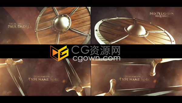 AE模板-金屬感頭盔盾牌古劍背景動畫展示驚艷而古老的電影標題