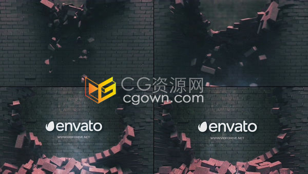 AE模板三维墙体崩塌砖块坠落标志显示LOGO动画