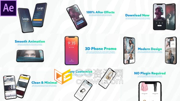 AE模板使用After Effects制作3D智能手机演示APP应用程序广告视频