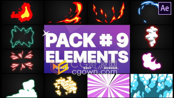Flash FX Elements 12種卡通手繪發(fā)光爆炸能量火焰煙霧-AE模板