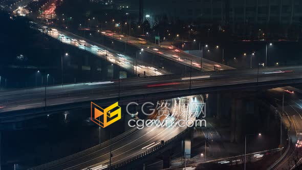 延时拍摄韩国首都城市夜间高速公路立交桥通行场景4K视频素材