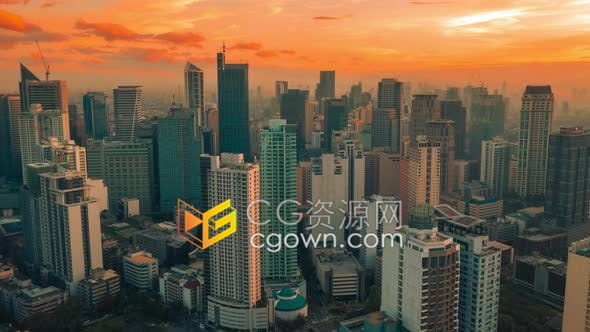 航拍菲律宾首都马尼拉马卡蒂区背景摩天大楼日落美景-视频素材免费下载