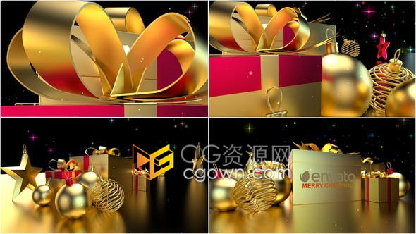 三维空间感金黄色圣诞礼物装饰揭示品牌标志LOGO片头-AE模板