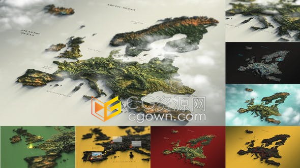 3D歐洲地圖背景地標(biāo)航線旅行路線疫情區(qū)域分析揭示動(dòng)畫-AE模板