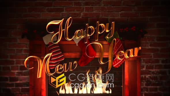 視頻素材-懸掛圣誕襪的紅磚壁爐背景展示節(jié)日祝福標語電子賀卡