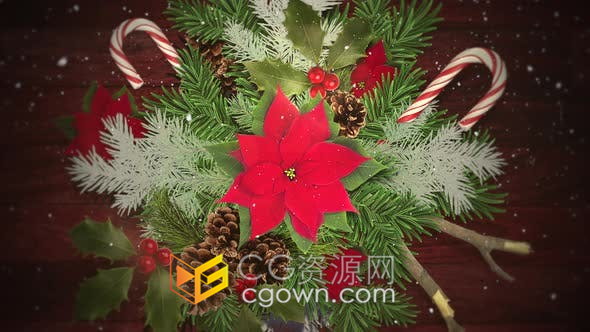 視頻素材-清新怡人白色雪花緩慢落下糖果紅花綠葉圣誕裝飾賀卡