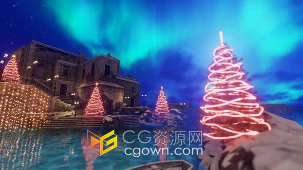 視頻素材-極光動畫效果圣誕夜燈光點亮童話般美麗城堡建筑