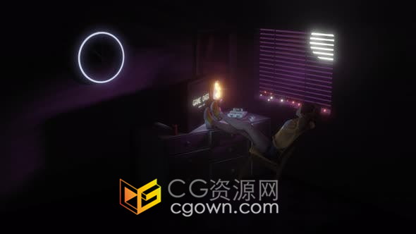 視頻素材-百葉窗上城市燈光閃爍室內(nèi)游戲女玩家角色對(duì)面電腦3D場(chǎng)景