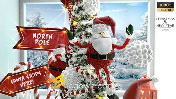 可爱3D卡通圣诞老人装饰圣诞树场景动画展示节日问候祝福贺卡-AE模板