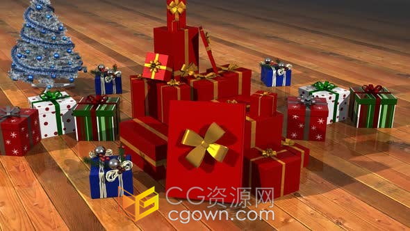 视频素材-三维多个彩色礼品盒堆砌的场景礼盒打开揭示祝福标语LOGO动画