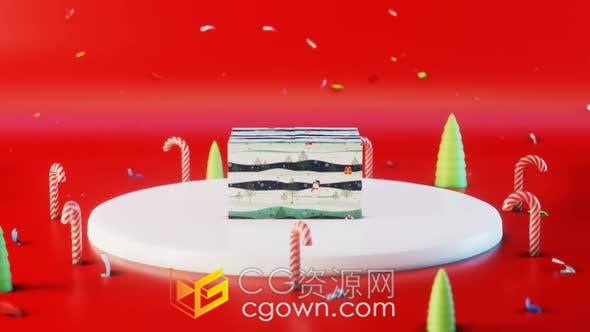 视频素材-红色背景拐杖糖装饰场景神秘礼盒揭示卡通圣诞贺卡节日横幅动画