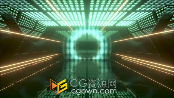 視頻素材-計算機(jī)數(shù)字繪圖穿過霓虹燈發(fā)光的未來三維抽象空間場景