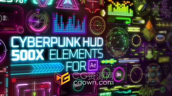Cyberpunk HUD Elements大量霓虹燈賽博朋克科技元素動畫-AE模板