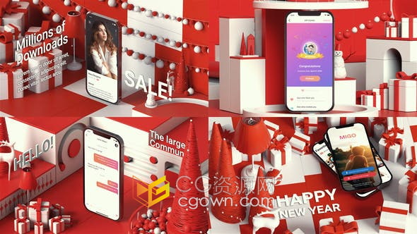 AE模板-圣誕節(jié)紅色喜慶3D場景動畫宣傳介紹APP應(yīng)用軟件