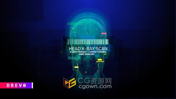 视频素材-头部X光扫描MRI磁共振成像医疗健康HUD大脑颅骨x射线全息镜头