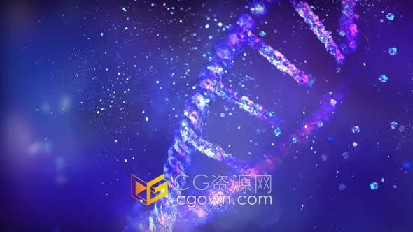视频素材-受损DNA链双螺旋3D模型动画炫彩粒子特效医疗技术视频背景