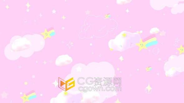 视频素材-环状卡通涂鸦粉彩虹星星云彩红色天空可爱意趣动画背景