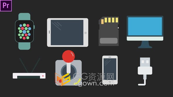 AE模板-10個(gè)科技圖標(biāo)動(dòng)畫(huà)有USB、存儲(chǔ)卡、街機(jī)、智能手機(jī)、智能手表