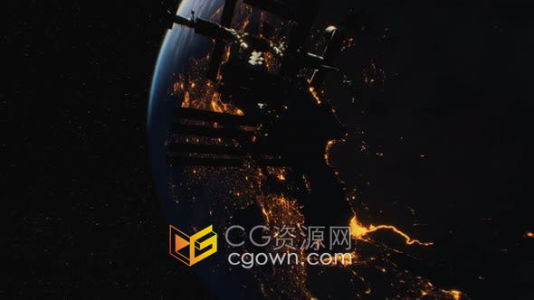 视频素材-夜间地球轨道上外太空的国际空间站背景动画