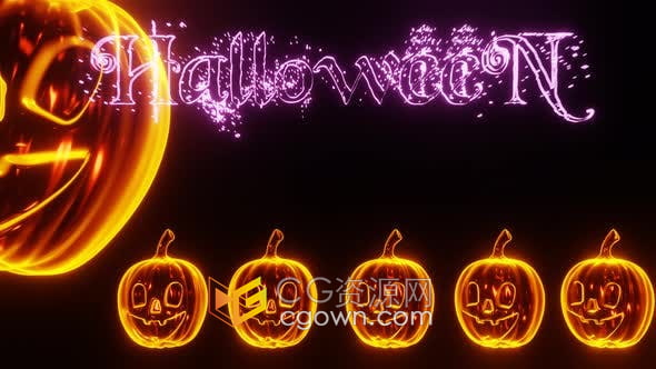 视频素材- 发光halloween万圣节文字南瓜元素出现与消失动画