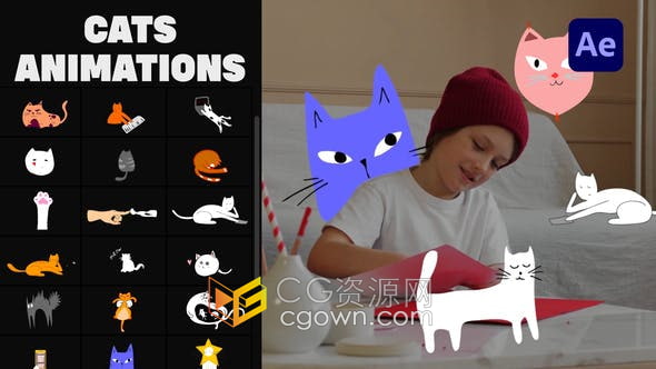 AE模板-25組卡通可愛貓手繪圖形動(dòng)畫效果元素視頻制作