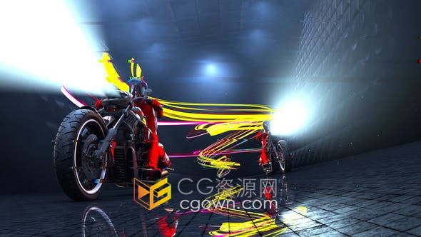 AE模板-隧道中驰骋的摩托骑手场景彩色霓虹灯光线演绎庞克风LOGO片头