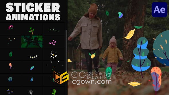 AE模板-可爱彩色手绘花朵植物树叶动画贴纸制作自然风光旅行视频