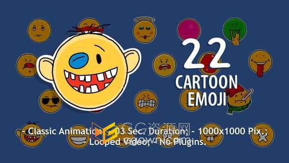 AE模板-22个卡通经典憨实动画风格有趣表情符号微笑发烧难过各种脸部动画贴纸
