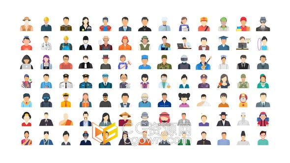 AE模板-100个人类头像图标涵盖各类职业男女角色换装生活工作人物图标动画