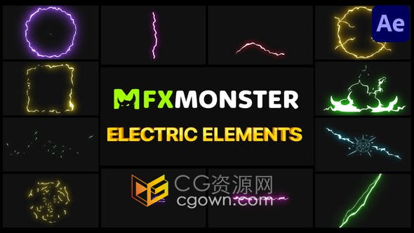 独特能量电子卡通爆炸闪电发光过渡游戏音乐节目特效元素包AE模板下载