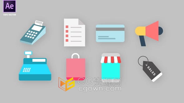 POS商店標(biāo)簽卡片籃子包包購物圖標(biāo)電商平臺商場促銷解釋動畫-AE模板