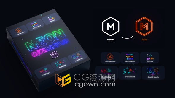 AE模板-霓虹燈FX發(fā)生器快速制作文字標題LOGO圖標發(fā)光動畫效果視頻