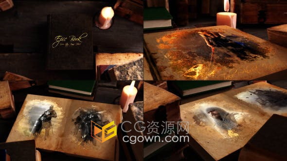AE模板-燭光古書桌面場景魔法書翻頁展示墨水能量效果傳奇人物介紹