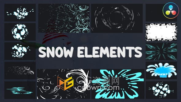 达芬奇模板-卡通雪和风酷炫形状元素制作冬季节日视频过渡与叠加特效