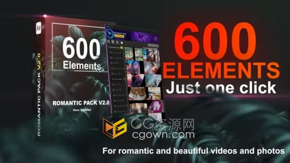 600元素制作浪漫视频标题字幕转场效果调色光效粒子动画Romantic Pack V2.0 AE模板脚本