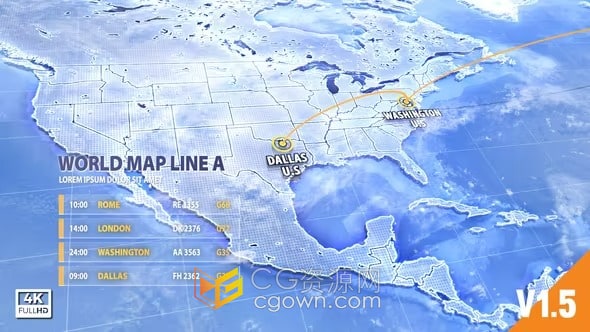AE模板-全球网络连接世界地图背景旅行路线三维定点地图定位路线元素