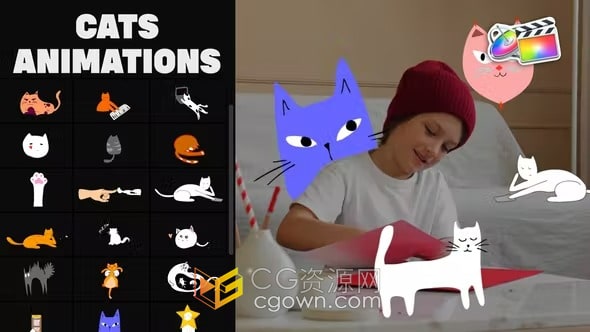 FCPX插件25只卡通猫MG图形动画视频制作元素素材