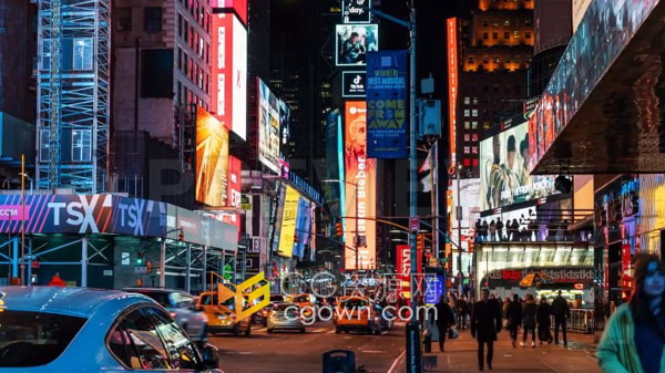 纽约时代广场街道夜间延时摄影实拍素材