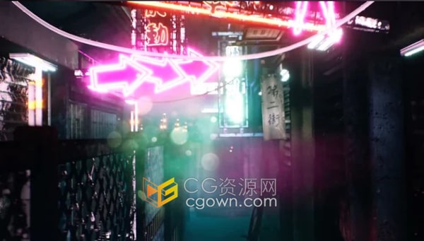 带有霓虹灯标志的多雨城市小巷科幻电影视频素材