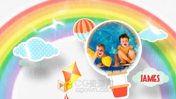 五彩缤纷卡通元素彩虹雨动画制作可爱儿童视频相册AE模板