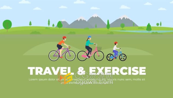 AE模板-卡通MG场景健康锻炼户外骑行环保低碳出行公益宣传海报