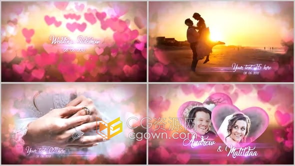 婚禮AE模板-粉紅愛心動畫浪漫情人節(jié)幻燈片婚禮視頻相冊