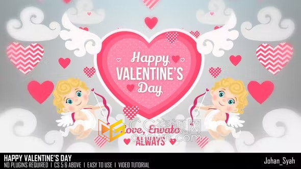 AE模板-可爱丘比特卡通天使人物动画制作有趣情人节婚礼视频开场